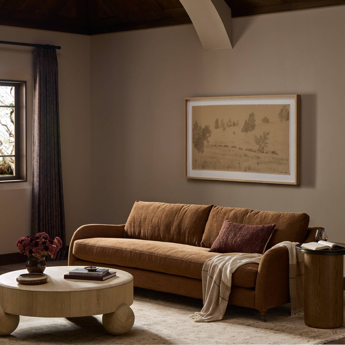Distressed Leather Rolled Arm Sofa With Caster Legs