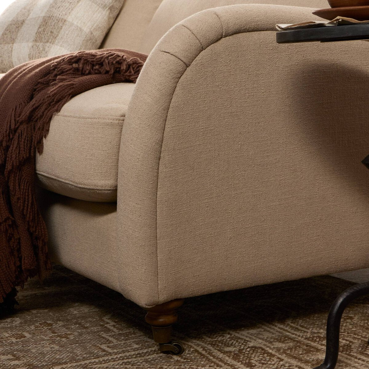 Distressed Leather Rolled Arm Sofa With Caster Legs