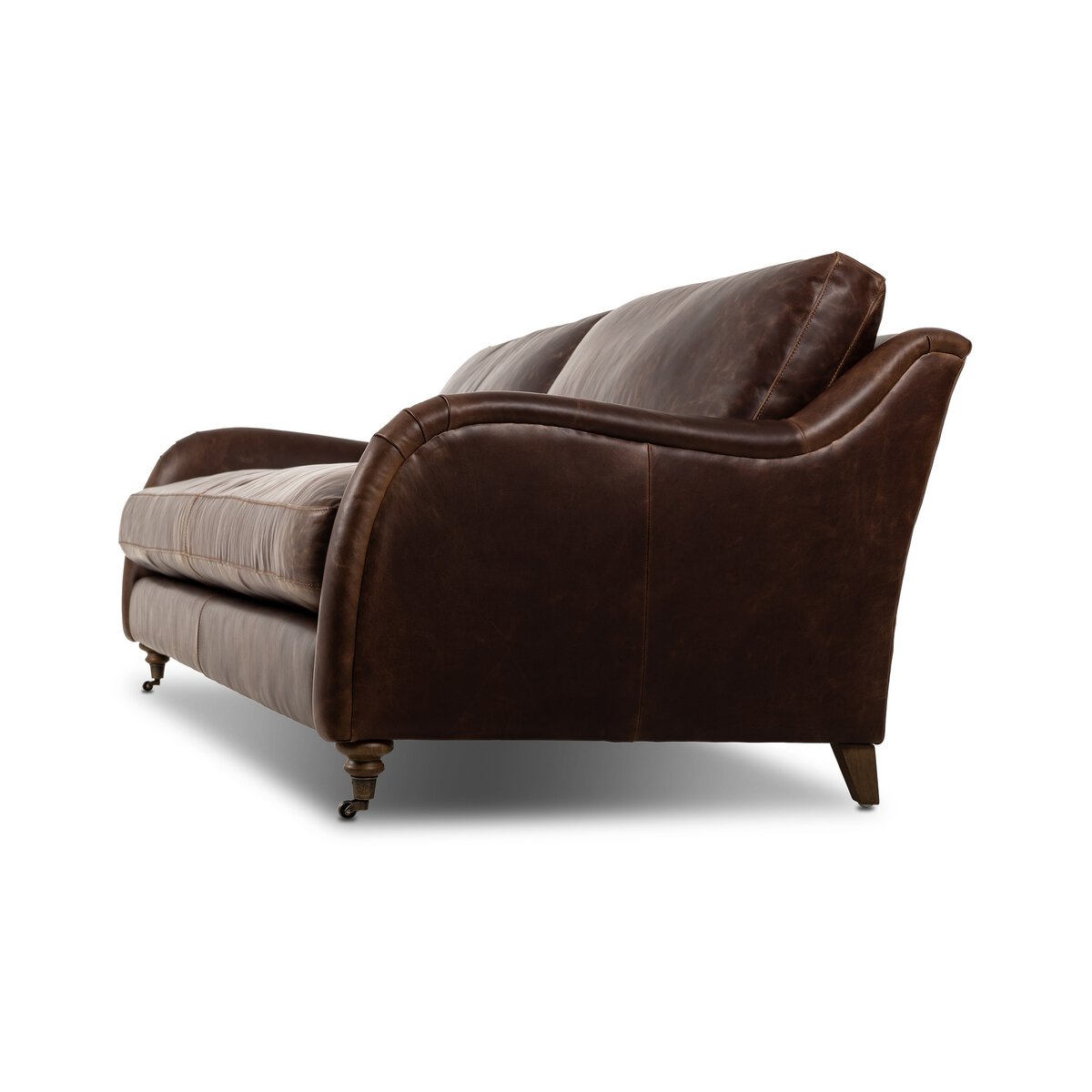 Distressed Leather Rolled Arm Sofa With Caster Legs