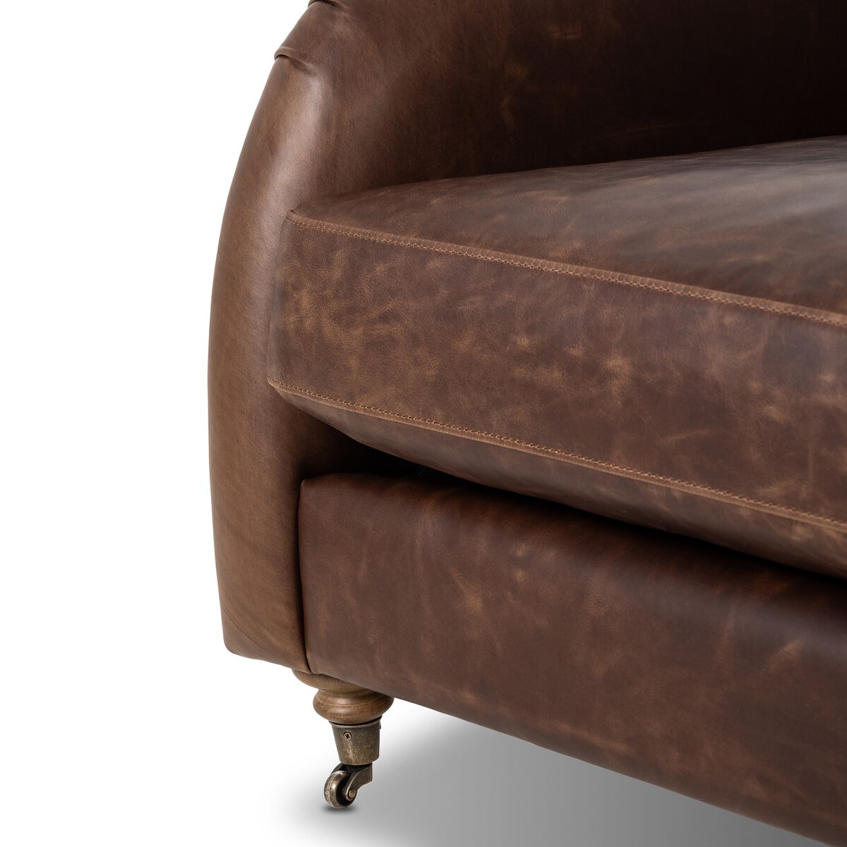 Distressed Leather Rolled Arm Sofa With Caster Legs