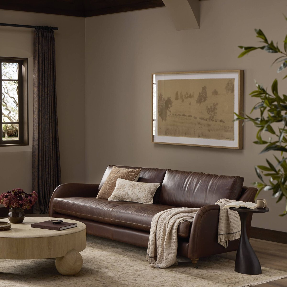 Distressed Leather Rolled Arm Sofa With Caster Legs
