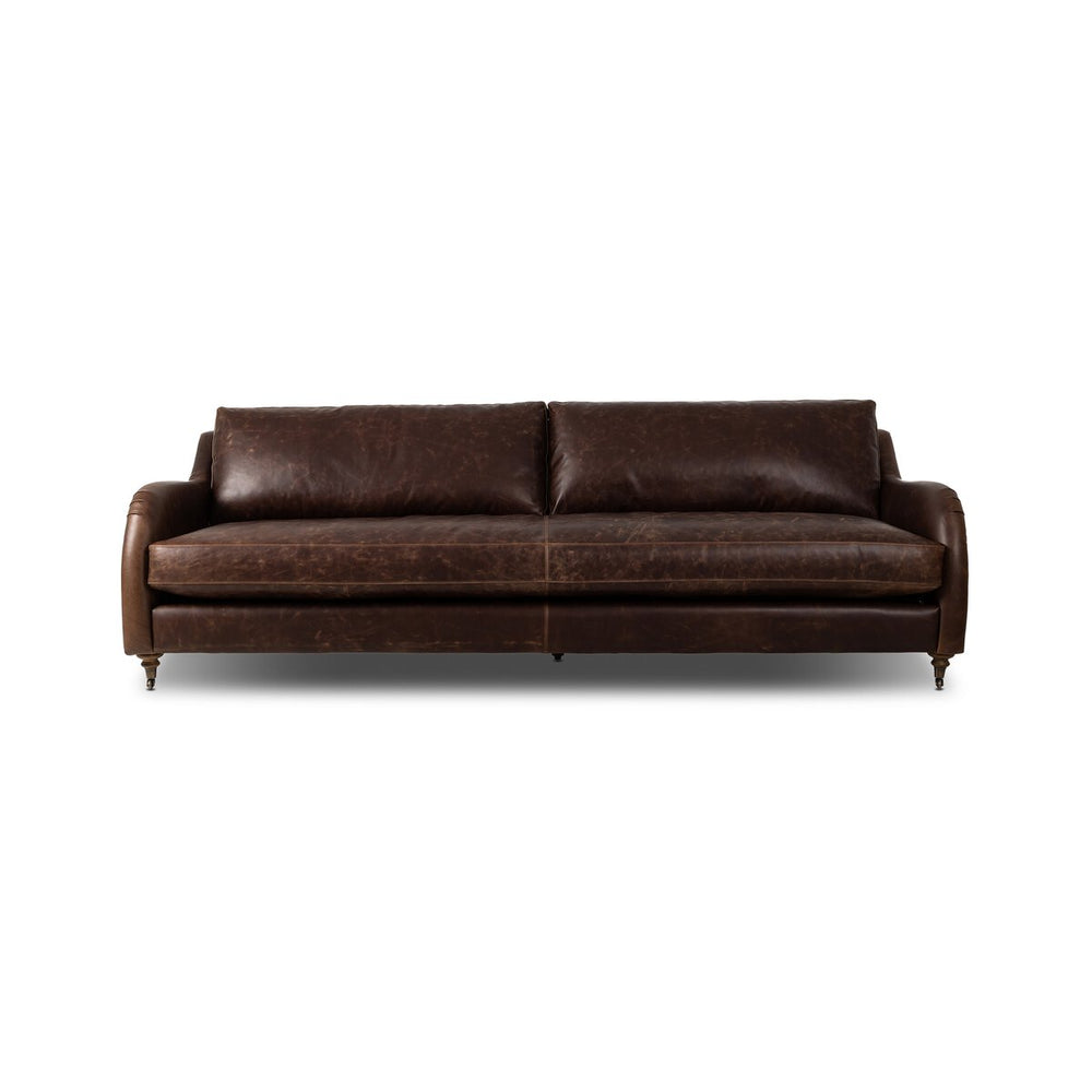 Distressed Leather Rolled Arm Sofa With Caster Legs