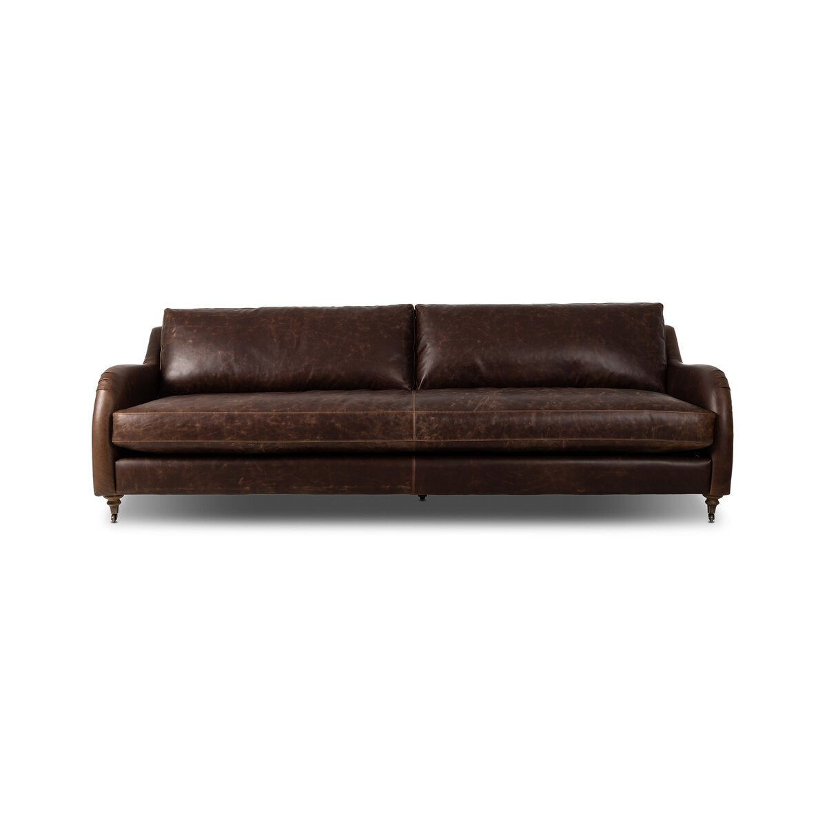Distressed Leather Rolled Arm Sofa With Caster Legs
