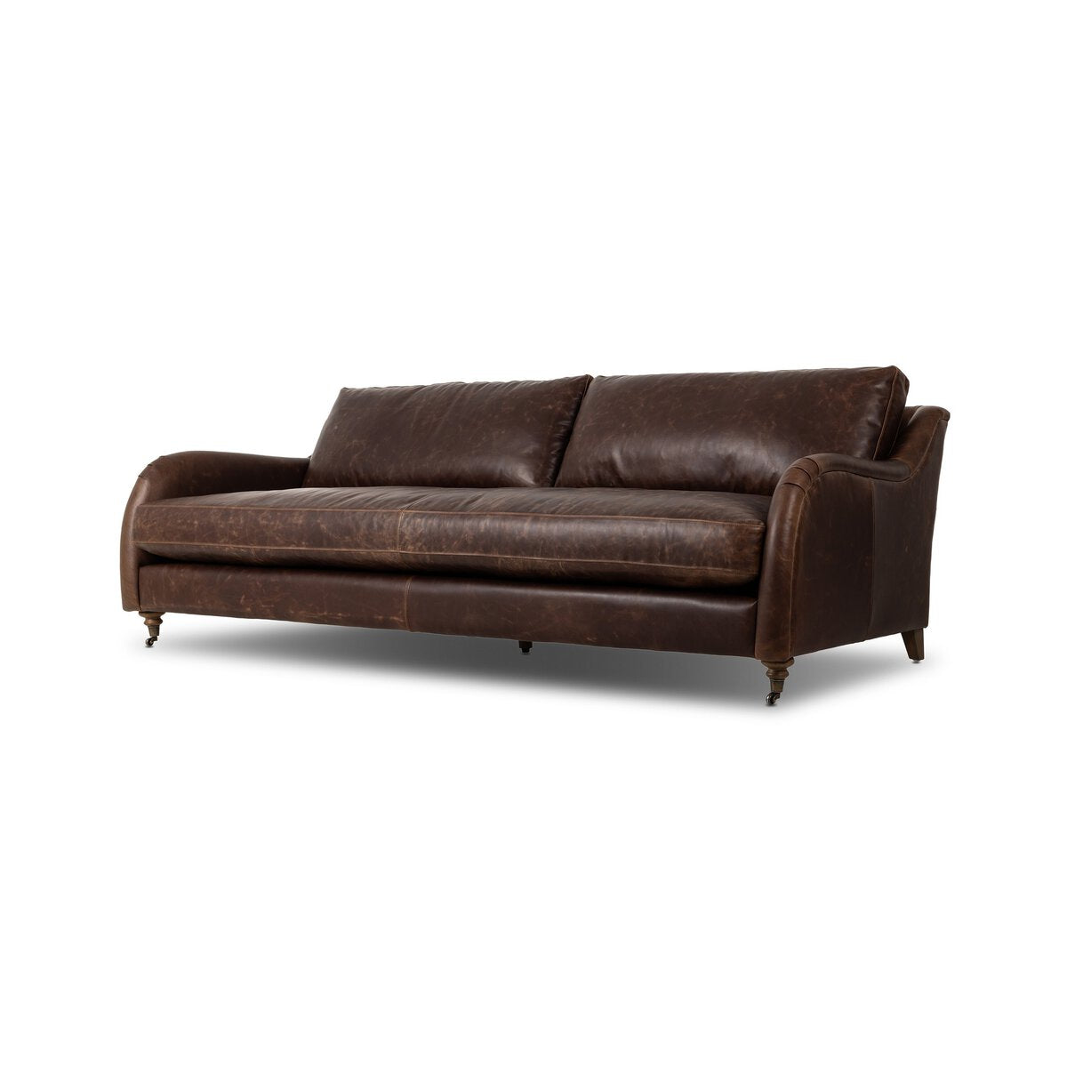 Distressed Leather Rolled Arm Sofa With Caster Legs
