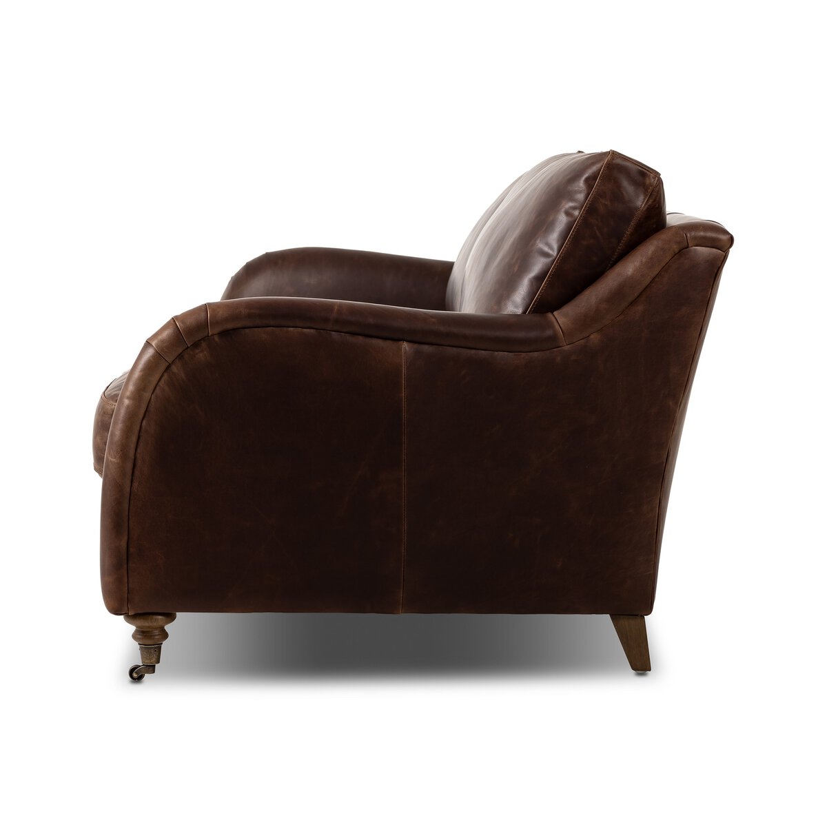 Distressed Leather Rolled Arm Sofa With Caster Legs