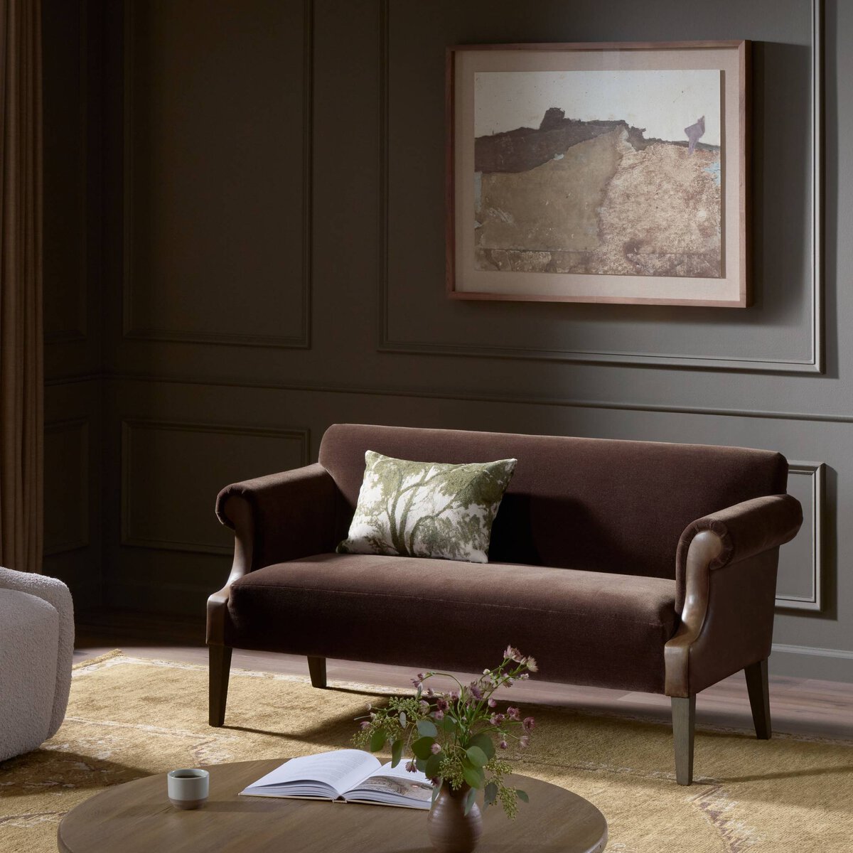 Velvet Loveseat with Leather Detail