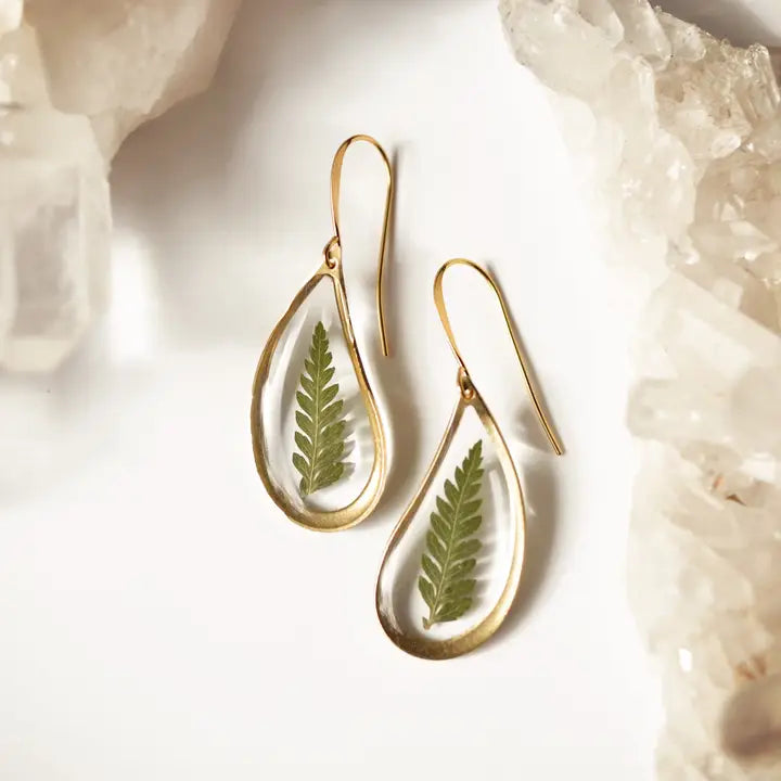 Pressed Fern Teardrop Dangle Earrings (Gold Plated)
