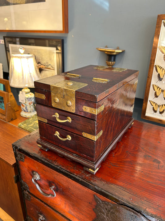 Korean Wood Vanity/Jewelry Box with Brass Hardware and 2 Front Drawers