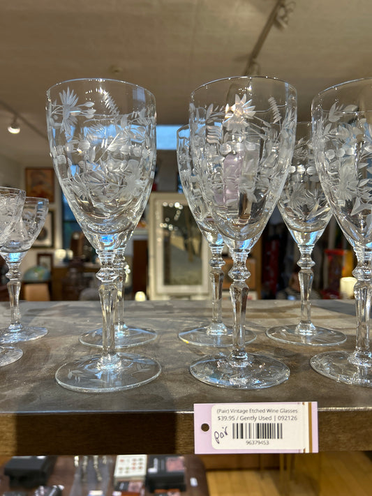 (Pair) Vintage Etched Wine Glasses