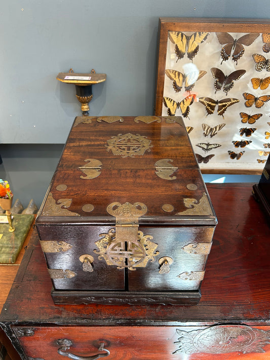 Korean Wood Vanity/Jewelry Box with Brass Hardware with Inner Compartment Drawers