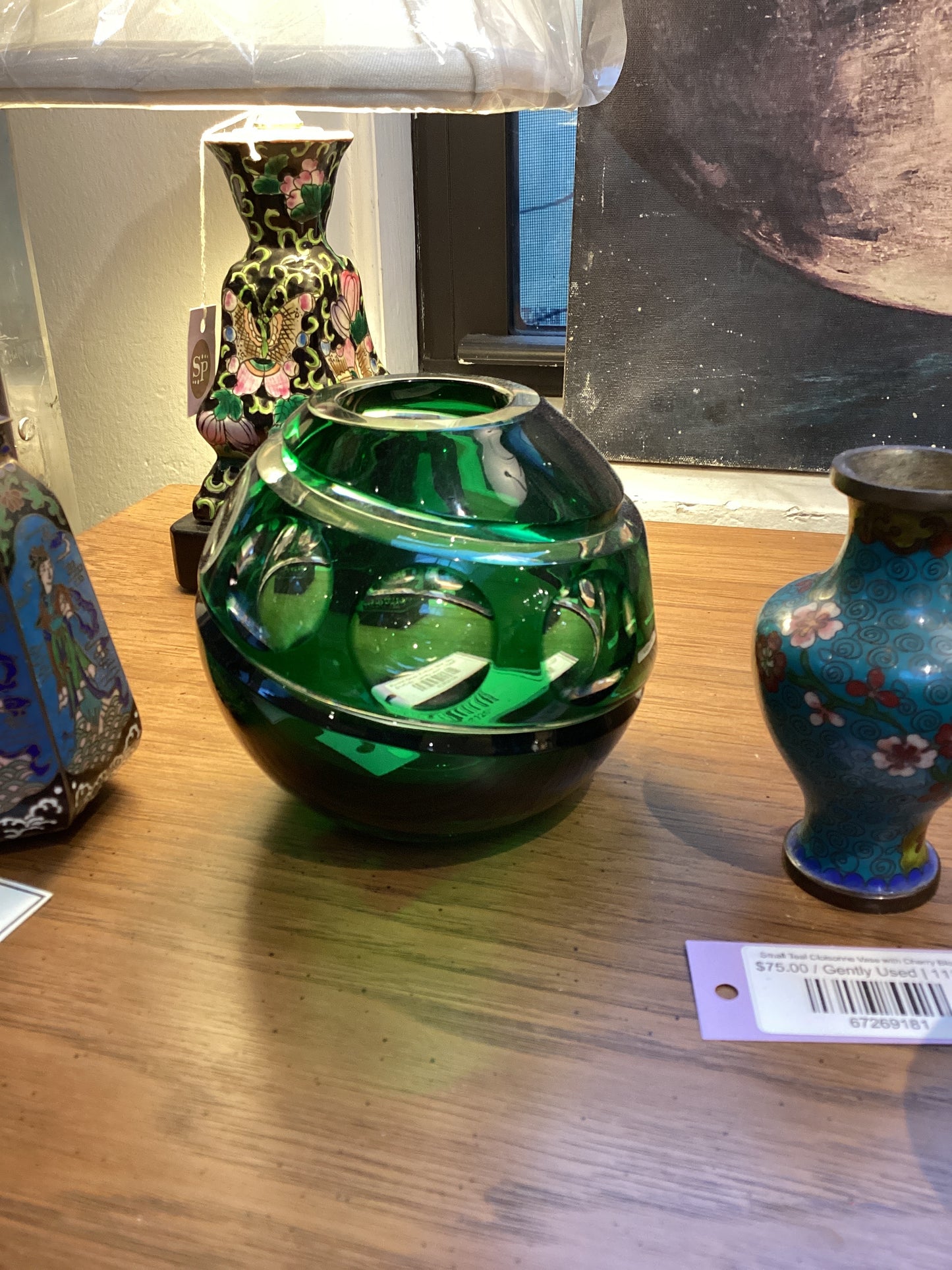 Round Green Etched Glass Vase