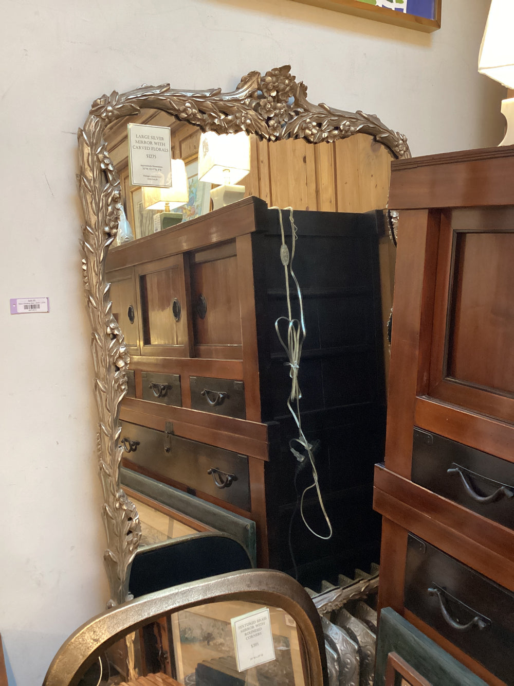 Large Silver Mirror with Carved Florals