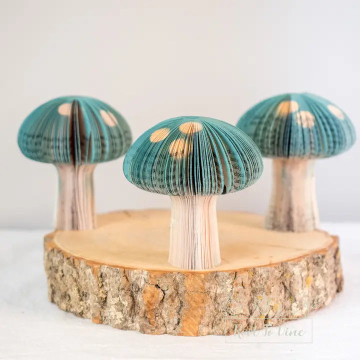 Mini Turquoise Used Book Paper Mushrooms