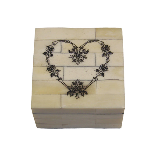 3-1/4″ Etched Floral Heart Scrimshaw Bone Box