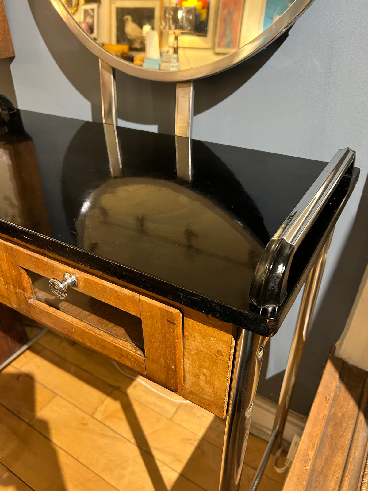 Helene Curtis Art Deco Chrome and Maple Vanity