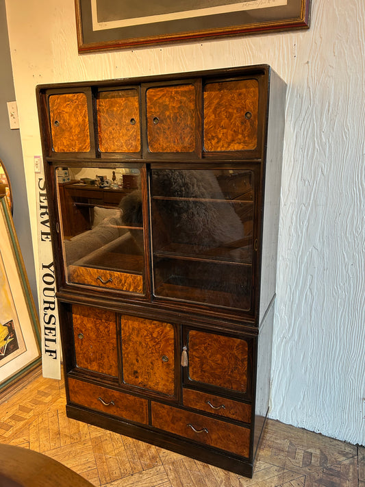 Japanese 2 Piece Stacked Tea Cabinet with Burlwood Insets