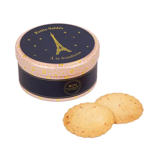 Eiffel Tower At Night Round Tin Raspberry Chip Shortbread Cookies