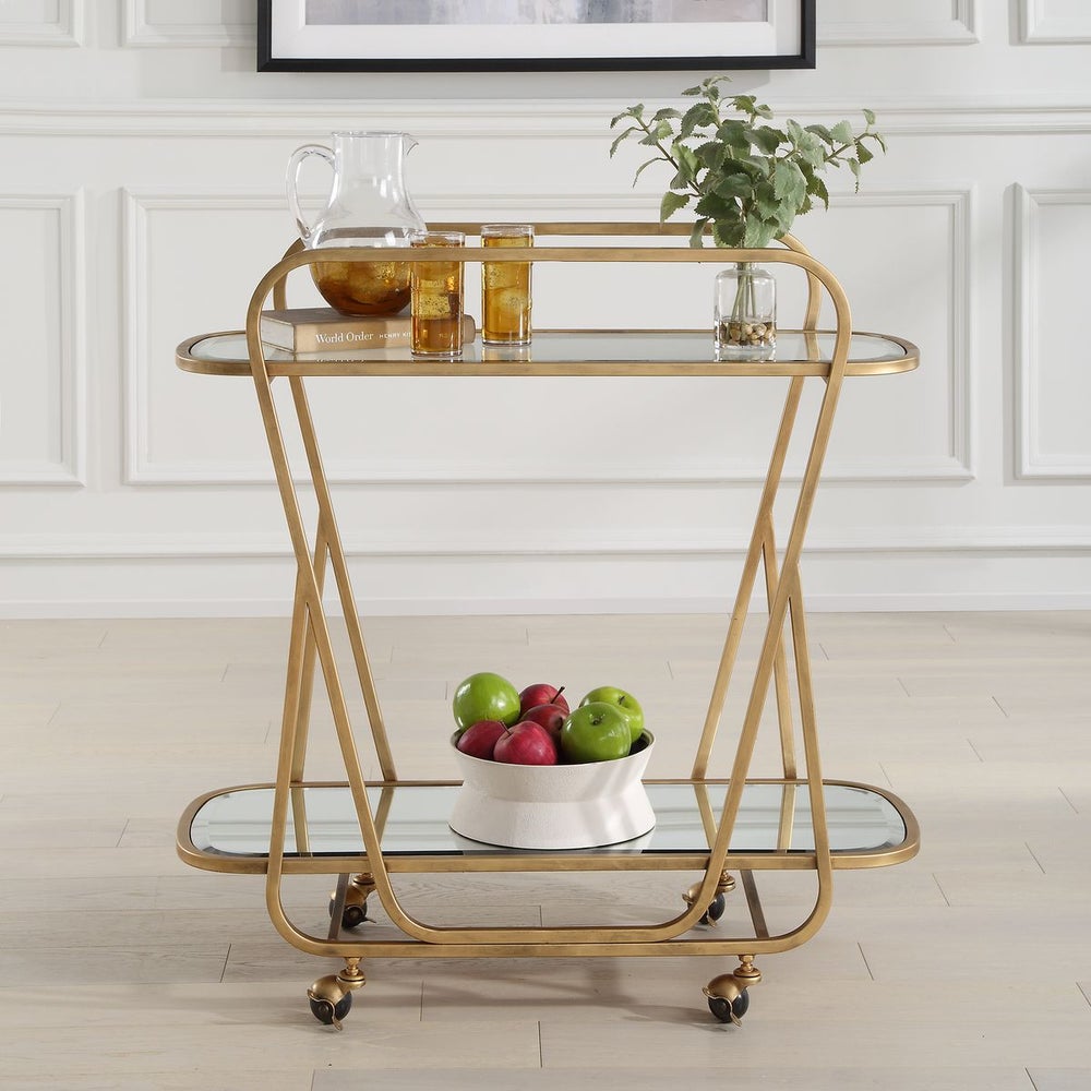 2-Tier Hourglass Iron and Glass Bar Cart