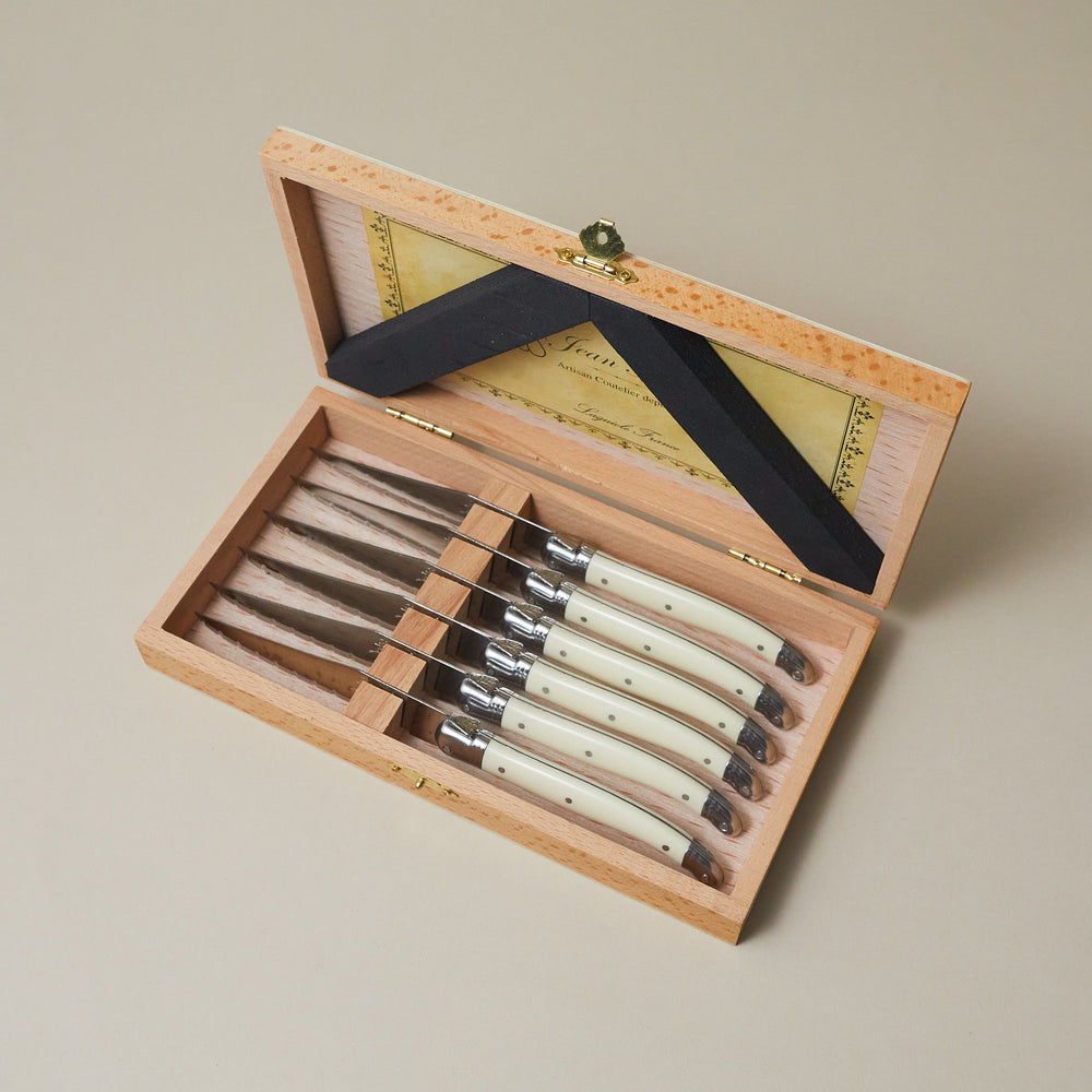 Laguiole Ivory 6 Piece Steak Knife Set in Wood Presentation Box