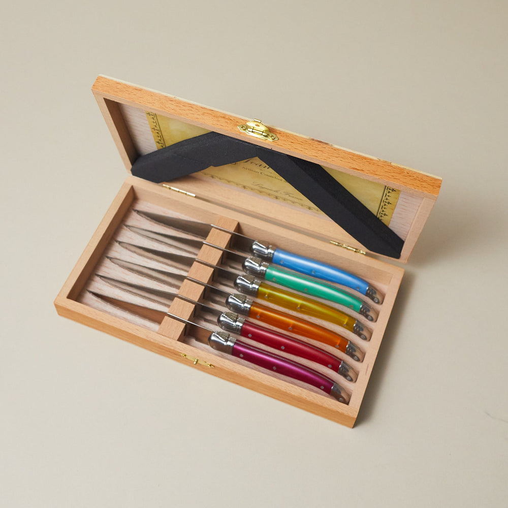 Laguiole Rainbow 6 Piece Steak Knife Set in Wood Presentation Box