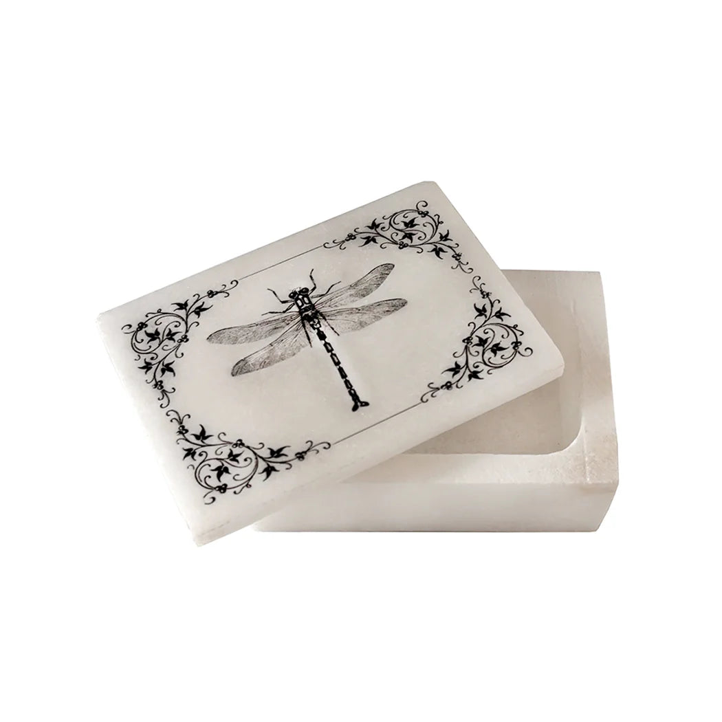 3″ Dragonfly with Vine Border White Soapstone Decorative Box