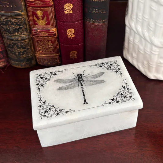3″ Dragonfly with Vine Border White Soapstone Decorative Box