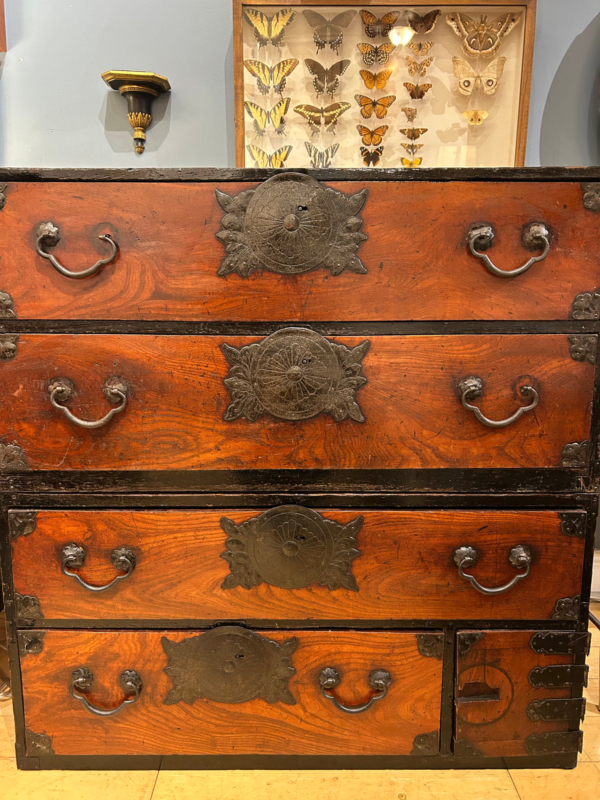 Antique 2 Piece Japanese Chest with Ornate Iron Hardware