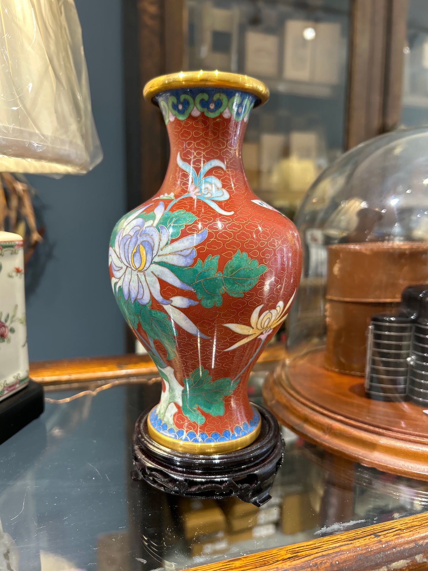 Red Cloisonne Vase on Wood Stand