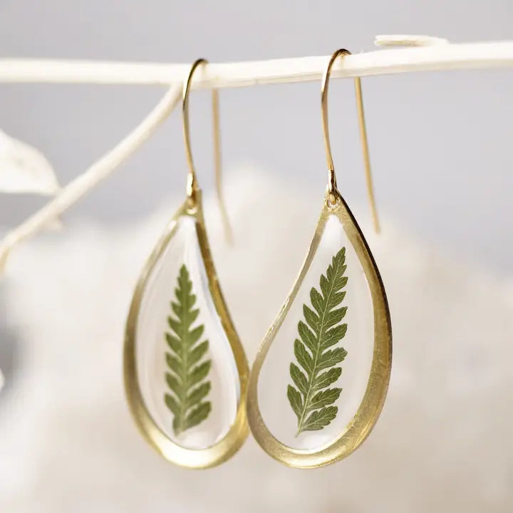 Pressed Fern Teardrop Dangle Earrings (Gold Plated)