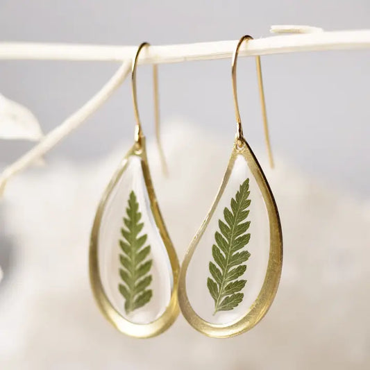 Pressed Fern Teardrop Dangle Earrings (Gold Plated)