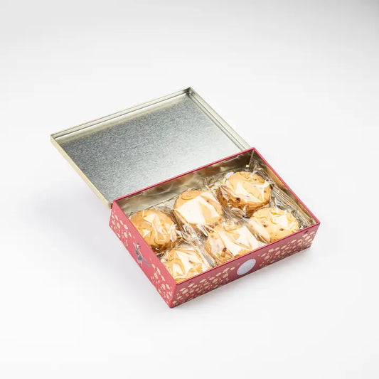 Caramel Chip Shortbread Cookies Holiday Floral Red Gold Tin