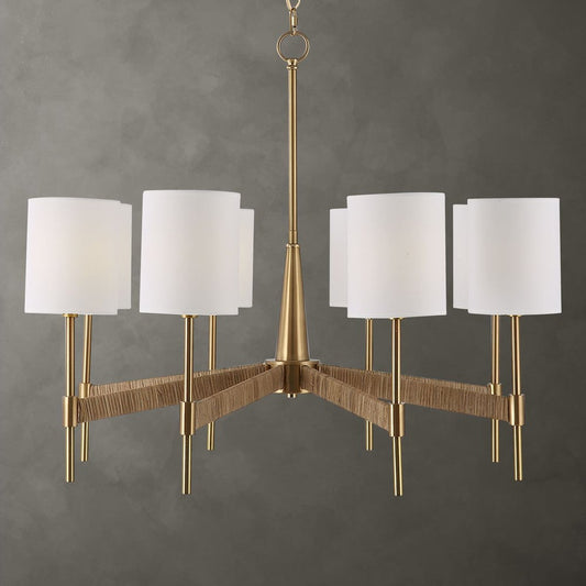 Rattan Wrapped Brass 8 Light Chandelier