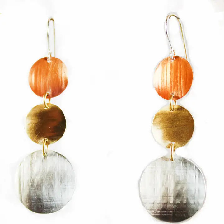 Rippled Brass Copper and Silver Earrings