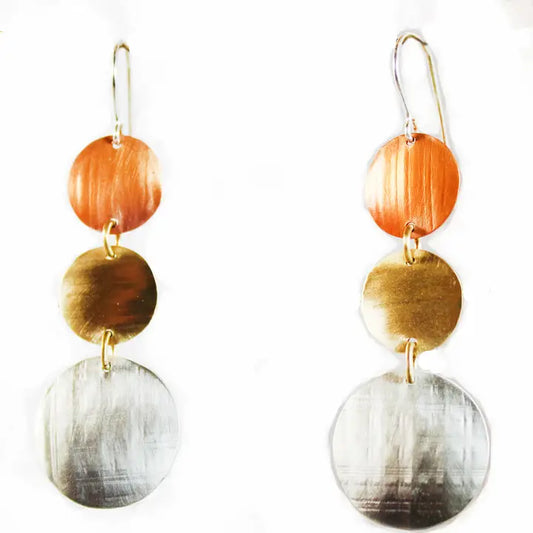 Rippled Brass Copper and Silver Earrings