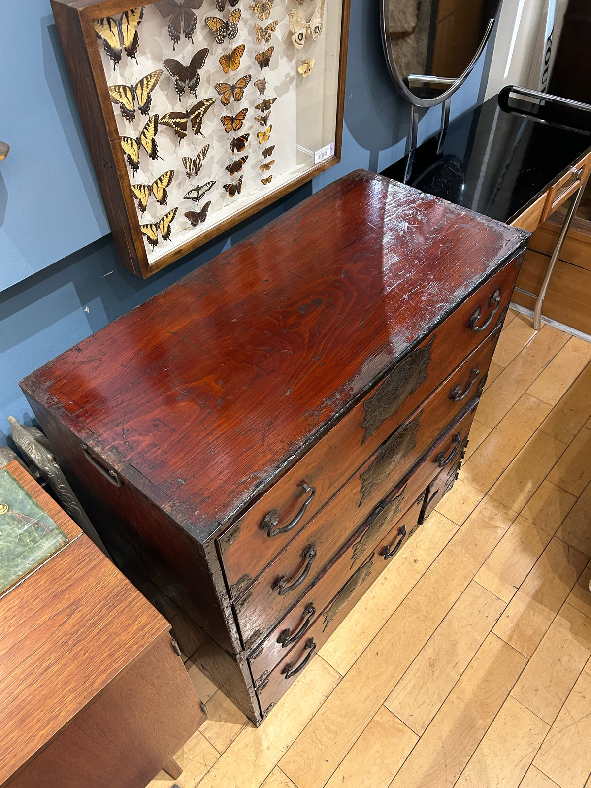 Antique 2 Piece Japanese Chest with Ornate Iron Hardware