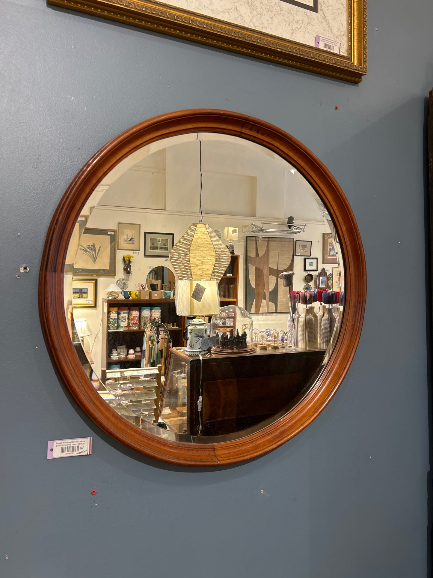 Round Wood and Beveled Mirror