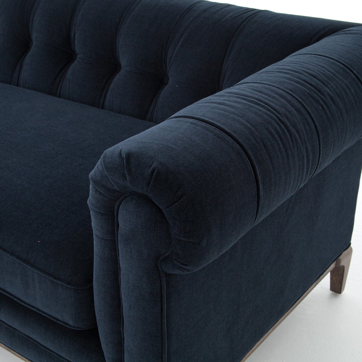 Navy and Antiqued Walnut Tufted 95" Sofa