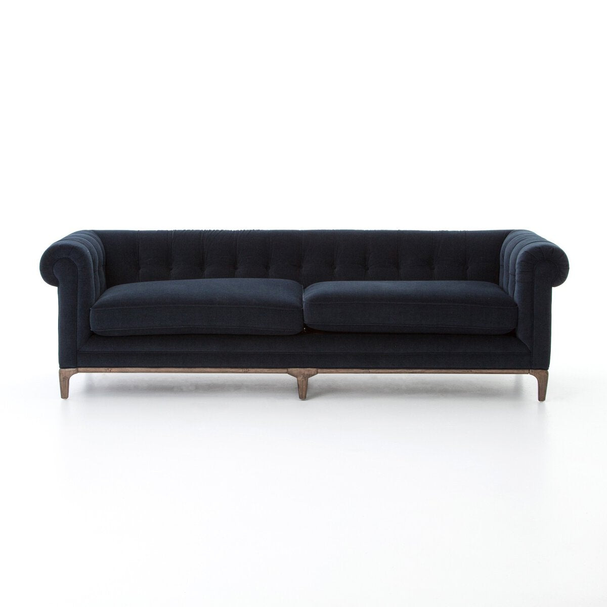 Navy and Antiqued Walnut Tufted 95" Sofa