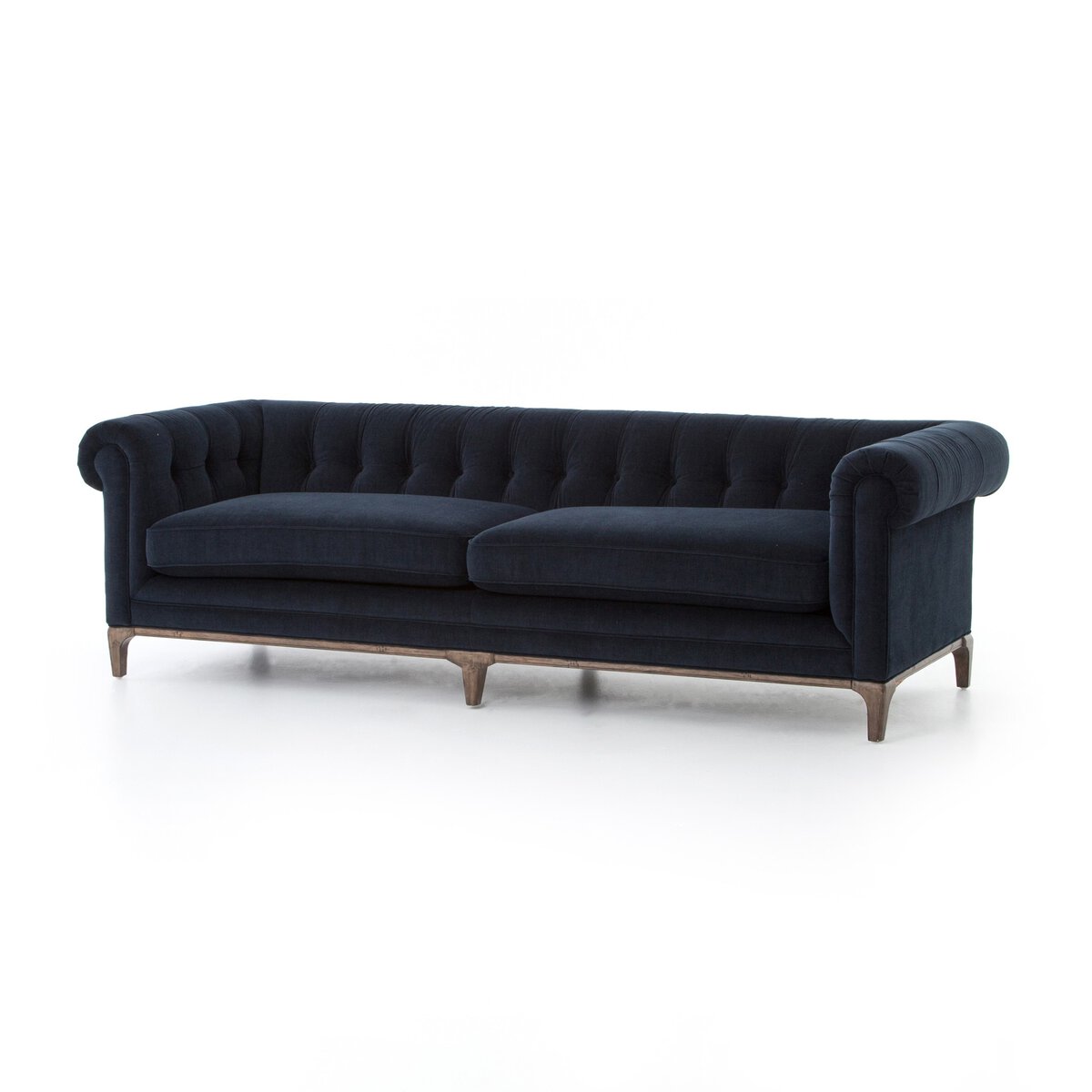 Navy and Antiqued Walnut Tufted 95" Sofa