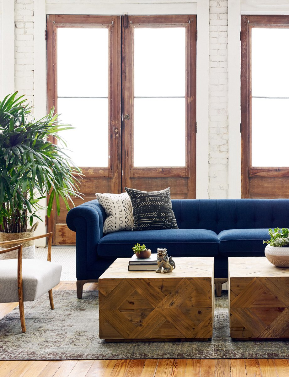 Navy and Antiqued Walnut Tufted 95" Sofa