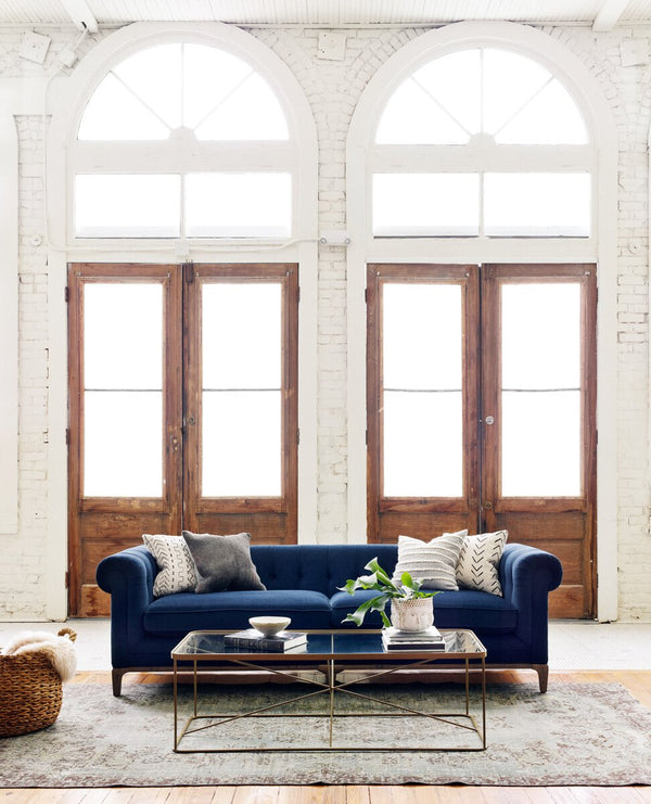 Navy and Antiqued Walnut Tufted 95" Sofa