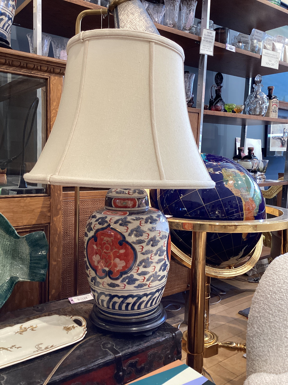 Large Porcelain Asian Table Lamp with Blue Cloud Motif