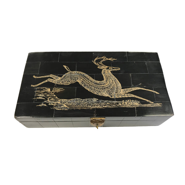 Deer Running Engraved Horn Box 6-1/4″