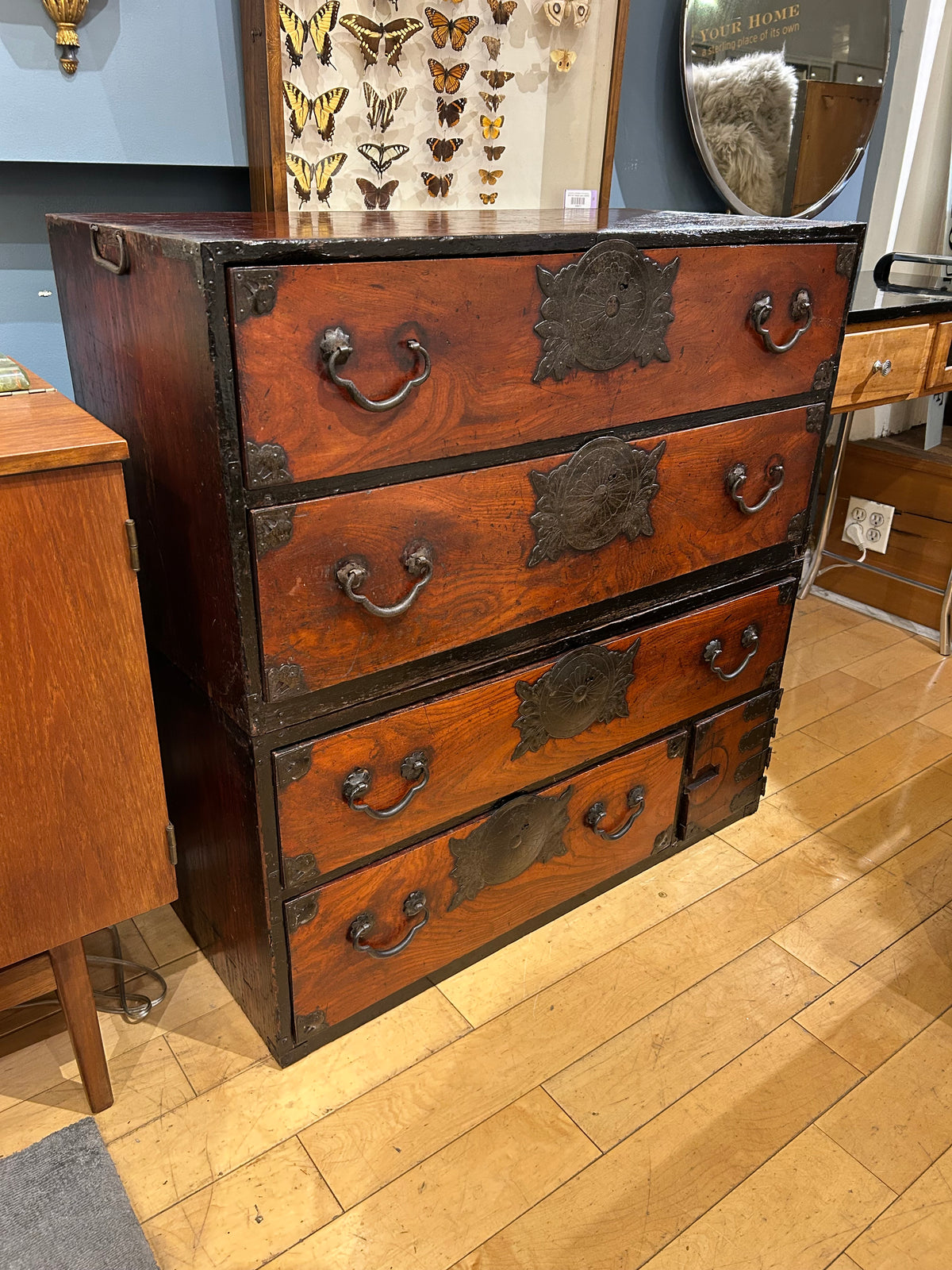 Antique 2 Piece Japanese Chest with Ornate Iron Hardware