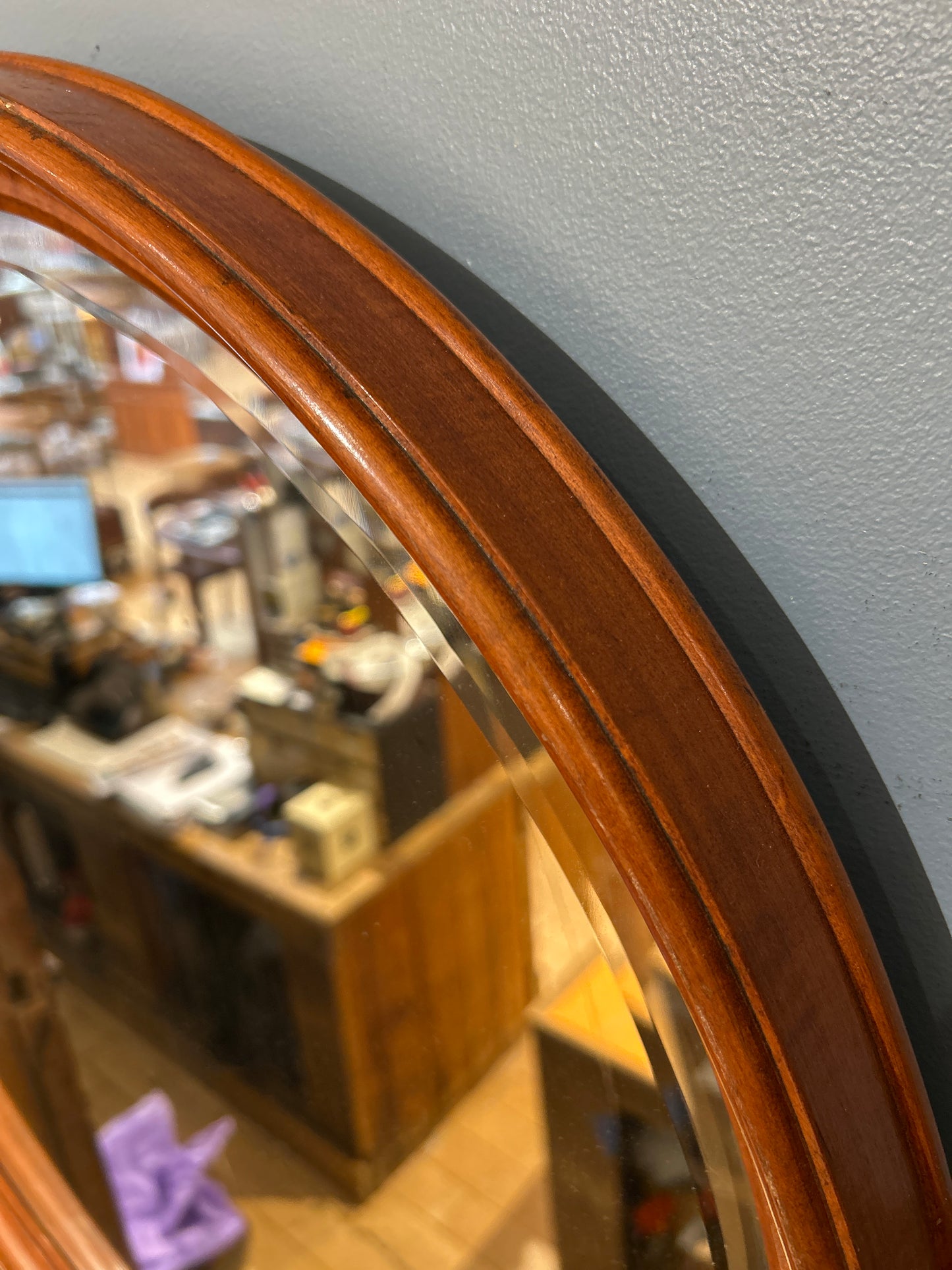 Round Wood and Beveled Mirror
