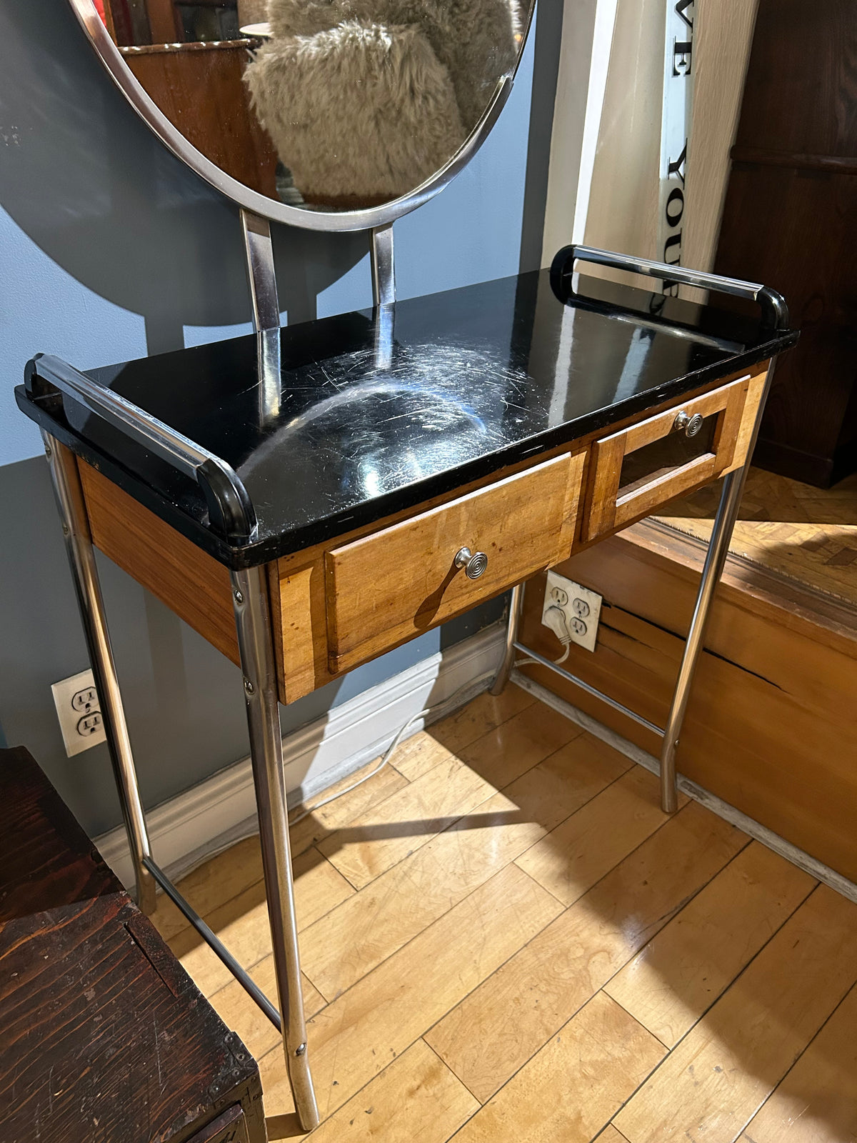 Helene Curtis Art Deco Chrome and Maple Vanity