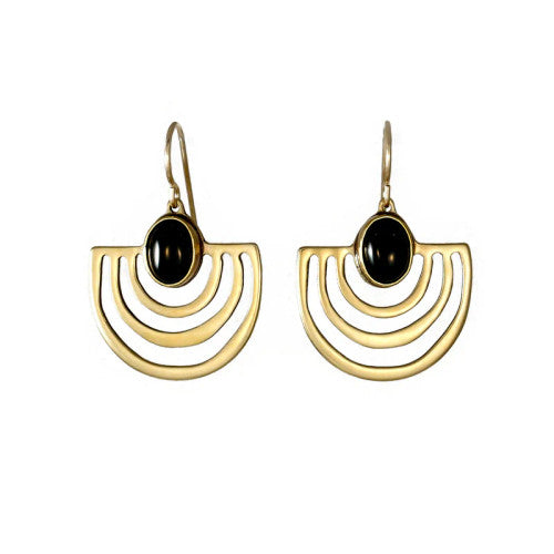 Halo Brass Earrings with Onyx Stone