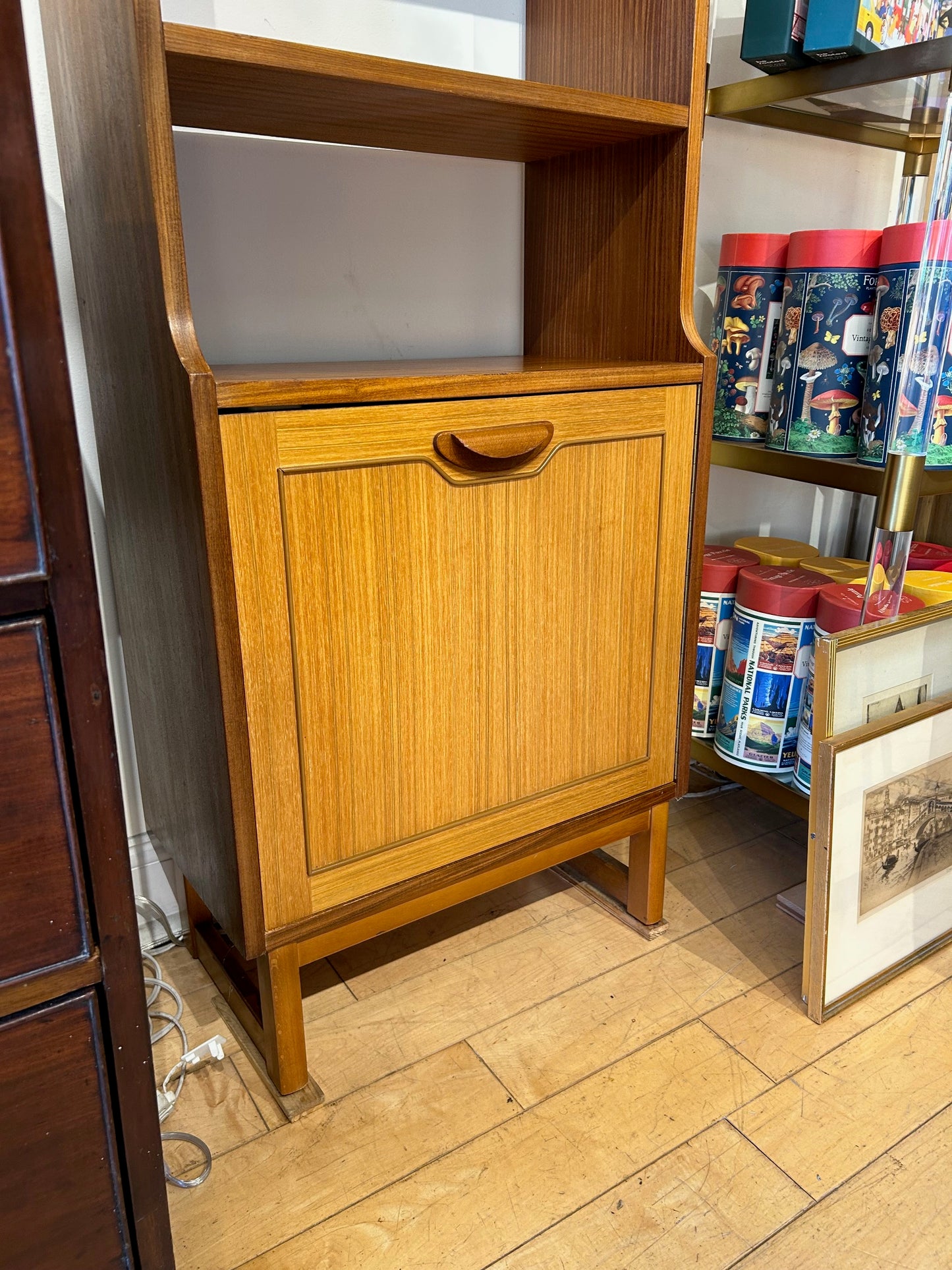Narrow Teak Open Bookcase with Cabinet