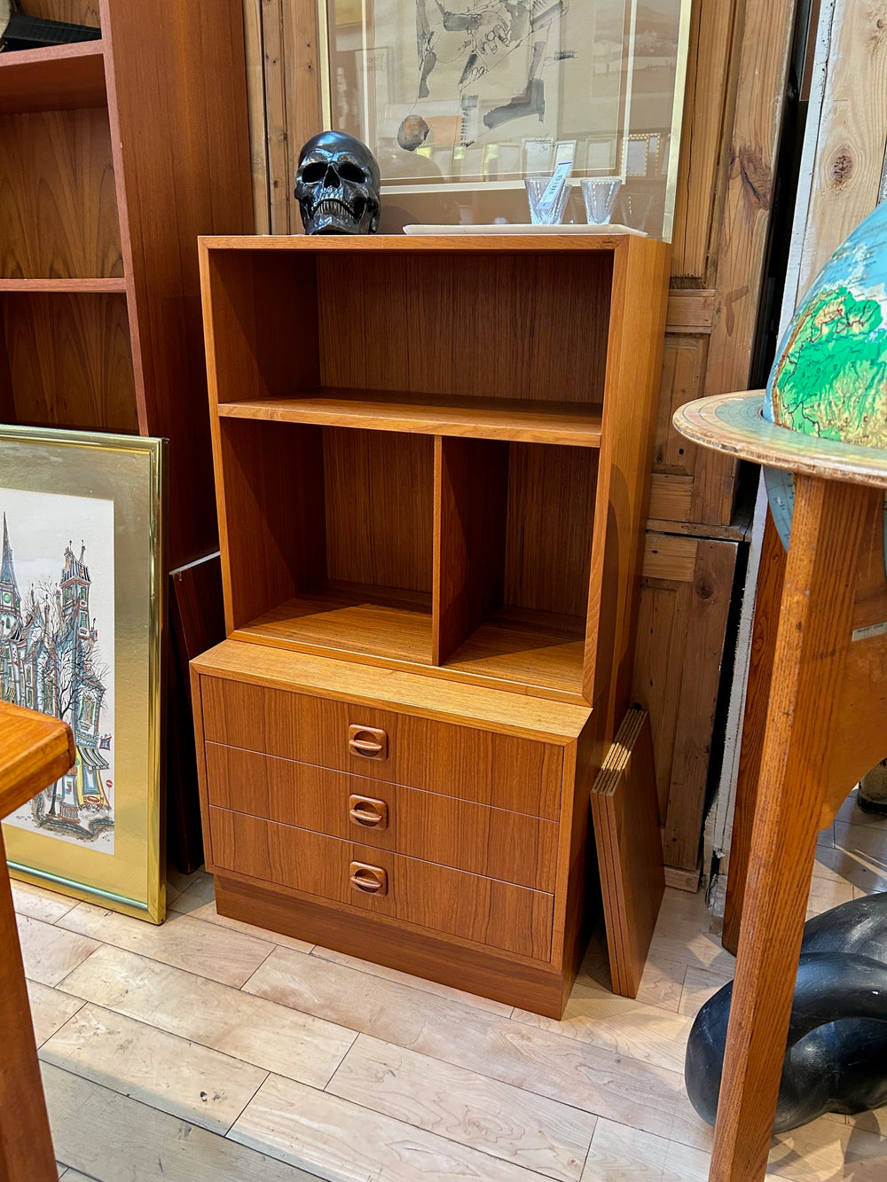 2 Piece Danish Teak Bookcase with 3 Drawers