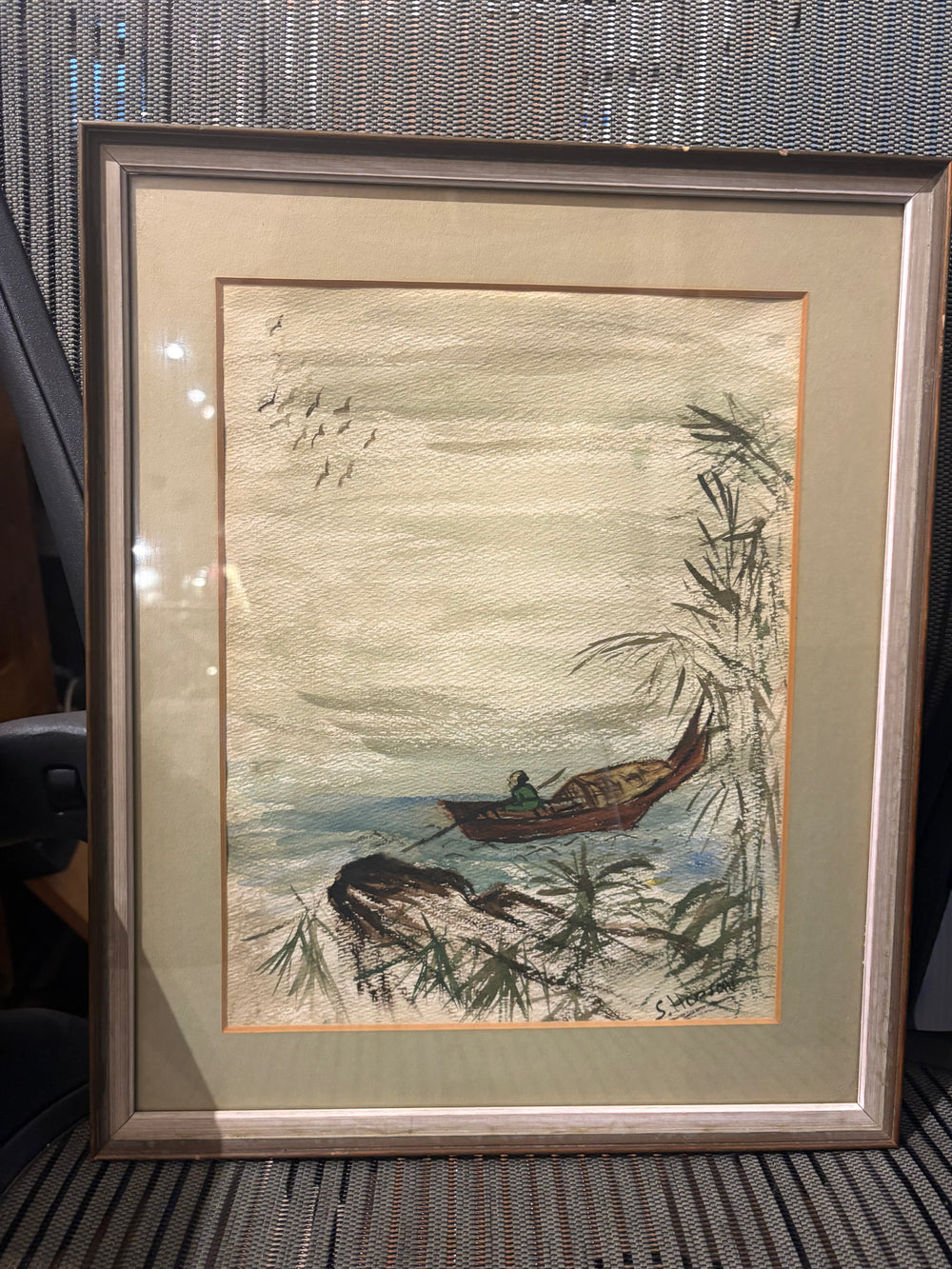 Signed S. Hopson Watercolor Boat and Bamboo Scene